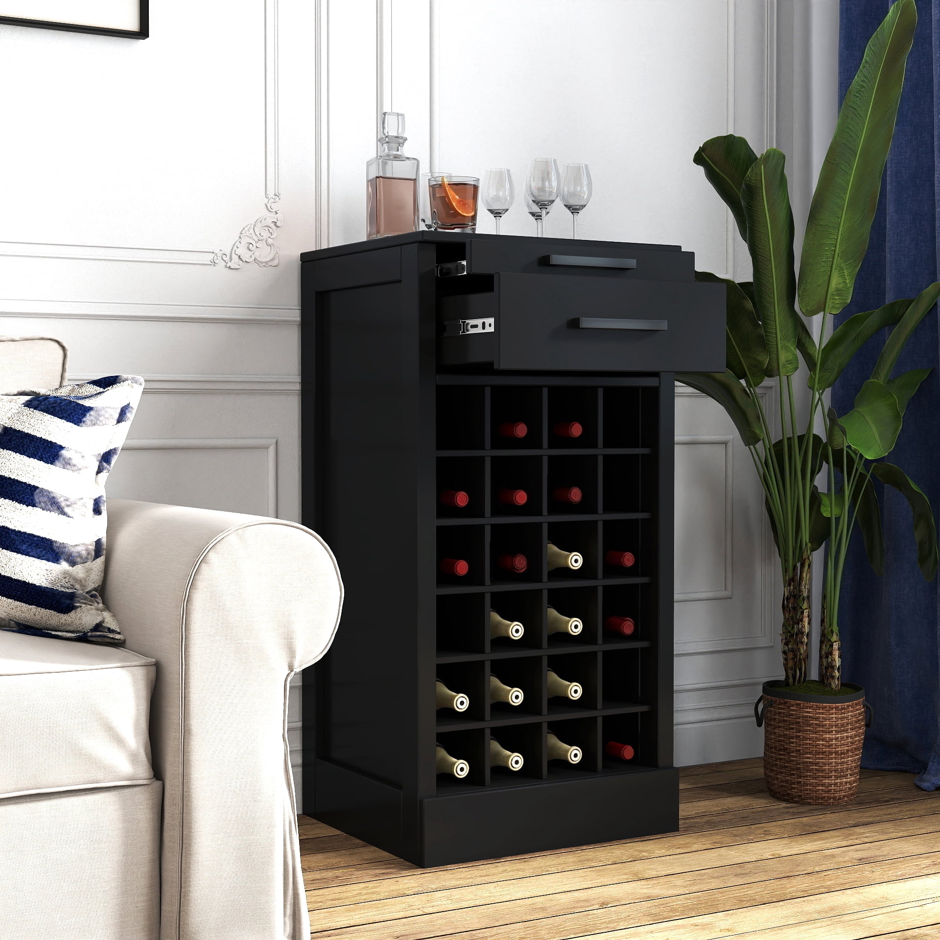 Wine Cabinet 28-Bottle Modular Storage Buffet for Home Bar Dining Room, Black