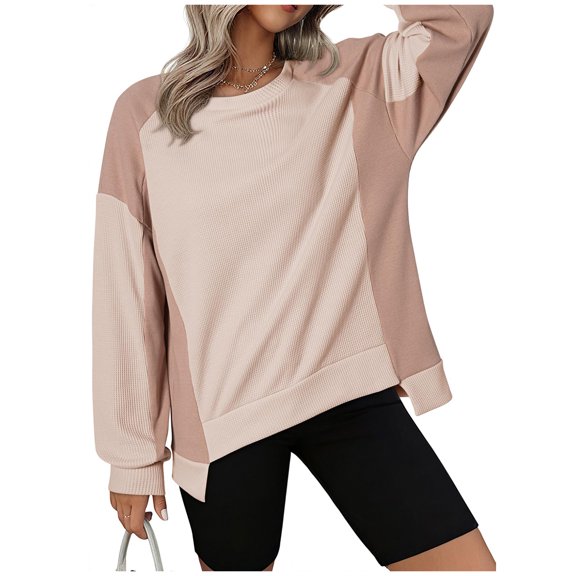 Sweatshirt for Women Crewneck Loose Fit Sweater Color Block Long Sleeve Knitted Pullover Fall Fashion Winter Clothes