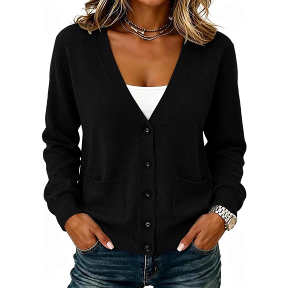 Vivianyo HD Women's Cardigan Sweater with V‑Neck, Long Sleeve Button Front Basic Fall Sweater For Women with Pockets, Sizes S-3XL