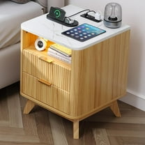 Nightstand with Charging Station, Fluted Nightstand with LED Lights, Modern Rustic Side Table with 2 Storage Drawers, Wooden End Table for Bedroom, Natural Oak