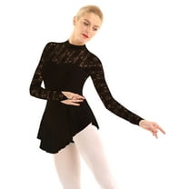 TiaoBug Women's Lace Figure Ice Skating Dress Long Sleeve Ballet Dance Leotard Dress Lyrical Performance Costume Black XS