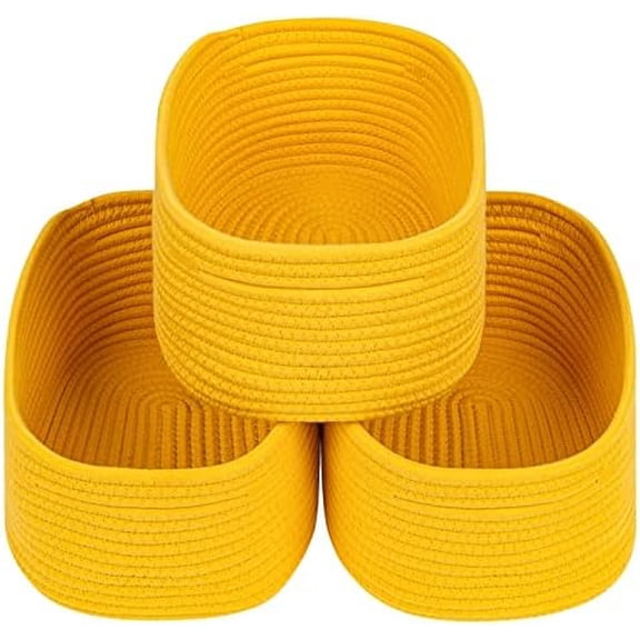 Rope Woven Storage Baskets, Small Baby Nursery Organizer Basket, Rectangular Organization/Storage Bins, Closet Shelves Baskets，Empty Gift Basket 3 Packs, Yellow