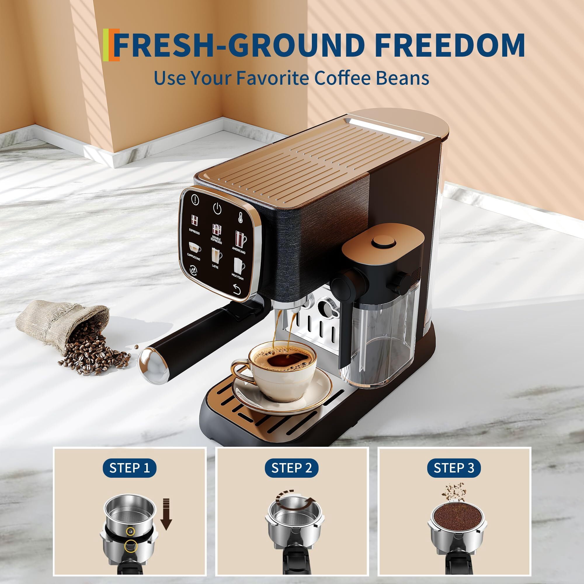 Garvee 20 Bar Professional Espresso Machine, Slim Coffee Maker with Milk Frother and Touchscreen for Homes, Office, 1350W, Black, New
