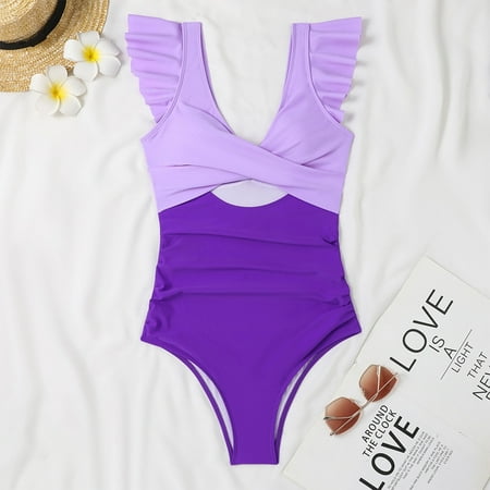 BSDJILFG 50% Clearance Off One-piece Bikini Sets for Women Cutout Padded Short Ruffle Sleeve Deep V-neck Tummy High Waisted Thong Beachwear Swimwear Summer Clearance