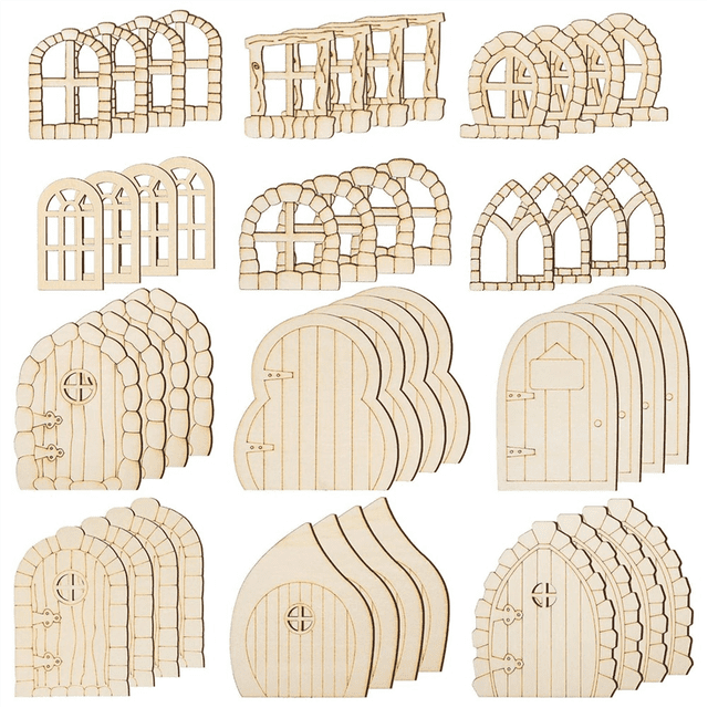 48 Piezas Puerta de Hadas Puertas de Madera para Jardín Mini Ventana Artesanal Kit de Casa de Hadas Puerta en Miniatura Sin Terminar Ventana de Hadas Sin Pintar
