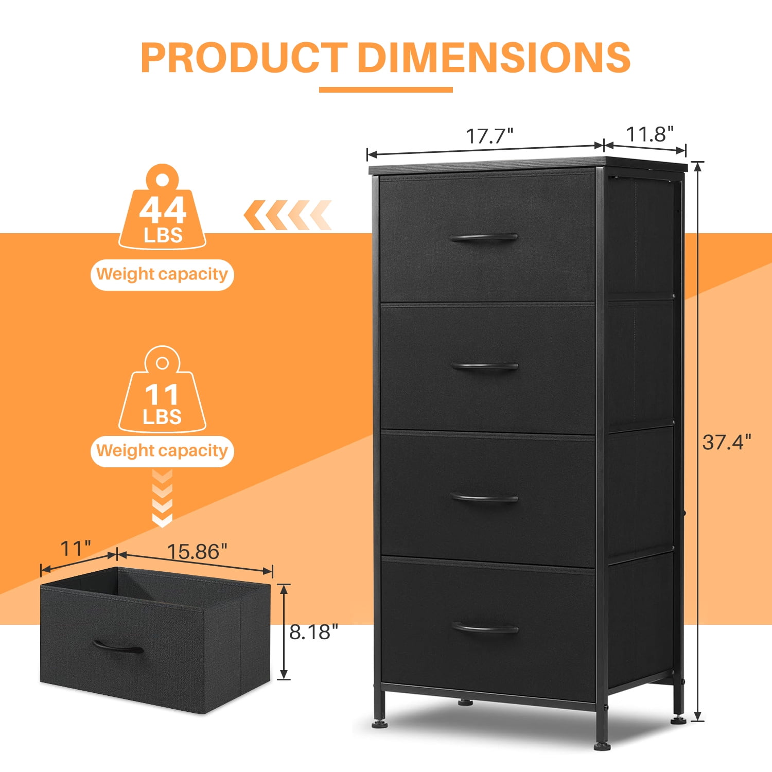 Simenmax 4 Storage Dresser for Bedroom, Wide Fabric Closet Chests Organizer Tower Furniture with Wooden Top Metal Frame for Clothes, Room, Living Room, Hallway, Entryway, Black