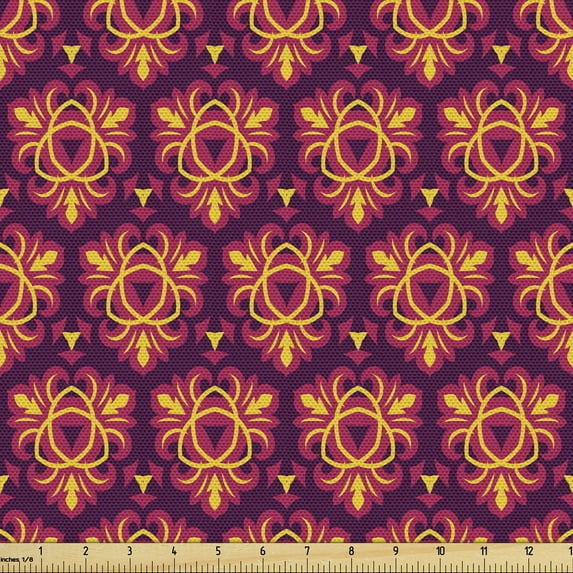 Modern Fabric by the Yard Upholstery, Symmetrical Motifs in Floral Style Old Fashioned Abstract Art Design, Decorative Fabric for DIY and Home Accents, 10 Yards, Dark Violet Magenta by Ambesonne