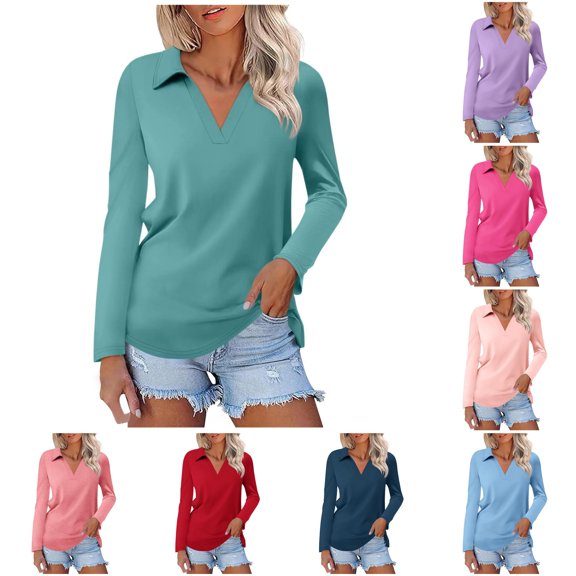 Yuhangmm Womens T Shirts, Women's Solid Color Long Sleeve Lapel V Neck Solid Color Top T Shirt 2 Long Sleeve Tee Shirt Green XL