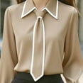 thumbnail image 3 of MORTTIC Women's Classic Tie-Neck Blouse with Lapel Long Sleeve Contrast Formal Shirt for Office Wear Khaki，L, 3 of 5
