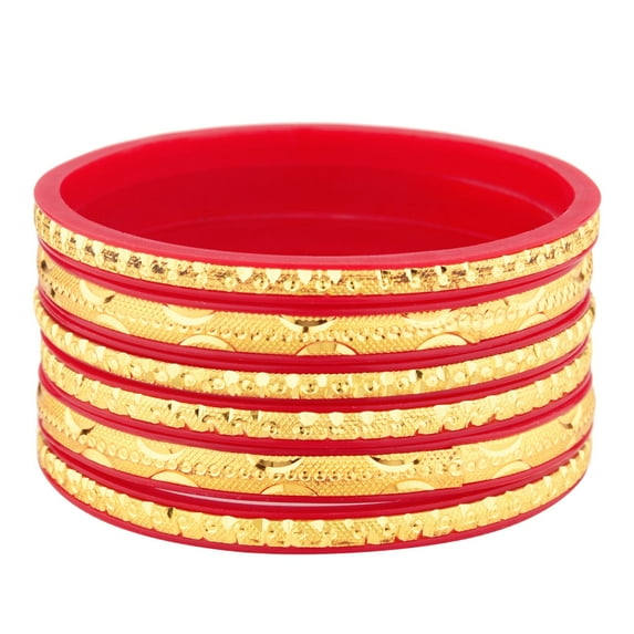 Efulgenz Indian Bangle Set Traditional Engraved Gold Tone Acrylic Bracelet Bangle Jewelry for Women (6 Pcs) Size-2.8, Red