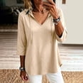 thumbnail image 2 of Women's Plus 3/4 Sleeve Tunic Tops Drawstring Hoodie V Neck Loose Fit Curved Hem Hooded Shirts to Wear with Leggings Fall Casual Outfits, Beige, L, 2 of 10