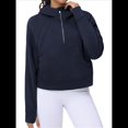 thumbnail image 2 of Sudadera con Capucha para Mujer, de Larga, Corta, con Media Cremallera y Bolsillos con Orificio para el Pulgar. Azul Marino M, 2 of 6