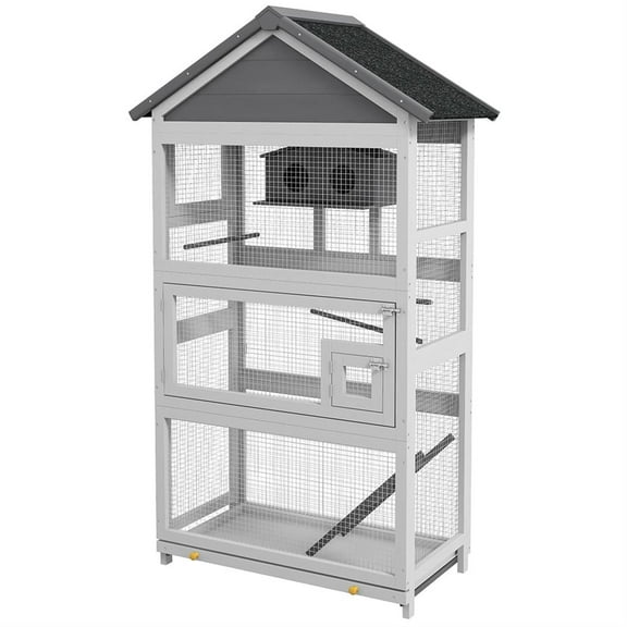 Demi Bonn 67" Height Wooden Indoor Bird Cage Aviary with Rolling Stand, Slide-Out Tray for Parrots Conures Lovebird Cockatiel Parakeets, Gray