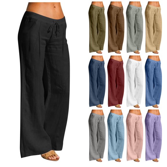 NSLGXD Lounge Pants Women Cotton Wide Leg Loose Fit Baggy Pants Drawstring Elastic Waisted Daily Palazzo Pants with Pockets Black Pant,Size S-2XL