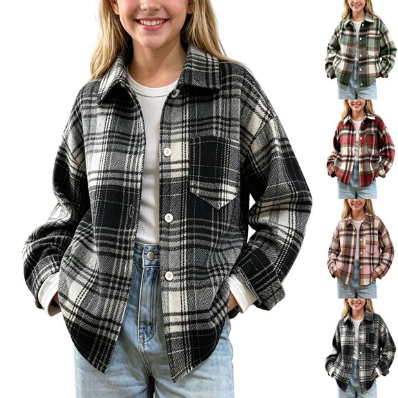 MexChoioe Kids Plaid Flannel Shacket Button Down Long Sleeve Shirt Jacket with Chest Pocket Fall Winter Oversized Casual Coat for Girls