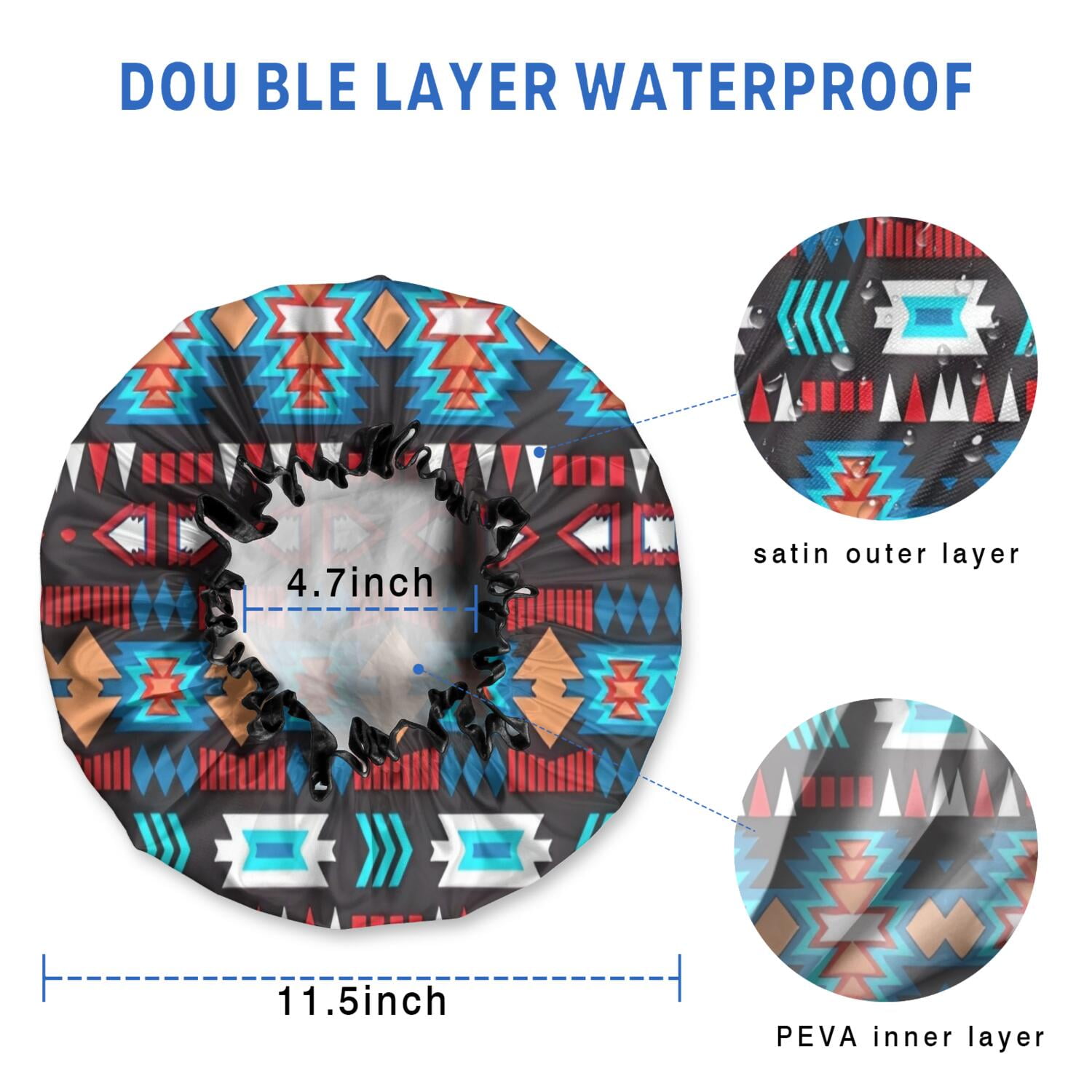 Shower Caps,Blue and Orange Geometric Boho Pattern Waterproof Shower Cap for Women 4 Pieces,Double Reusable Hair Cover for Shower PEVA Elastic Stretch Hem