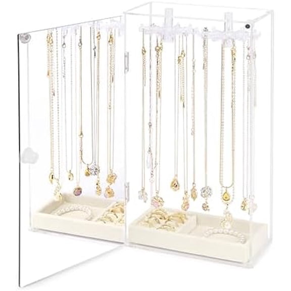 Necklace Holder Organizer, Acrylic Jewelry Organizer, Rotating Clear Necklaces Display Box with Built-in Mirror, Dust-proof Jewelry Storage Case with Velvet Tray, Great Gift for Women Girls