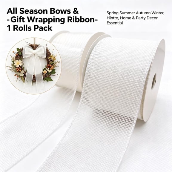 White Mesh Burlap‑Look Wired Edge Ribbon, Sheer Textured Fabric Ribbon, 2.5 Inch x 10 Yard, All Season Bow Gift Wrapping Decor
