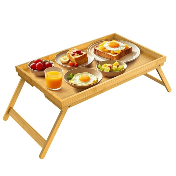 Cshidworld Bamboo Bed Tray Table, 20"x12" Lap Desk Breakfast Bed Table Tray with Folding Legs for Eating and Laptop, Portable Laptop Desk, Folding Table for Sofa, Beds, Eating, Working, Natural