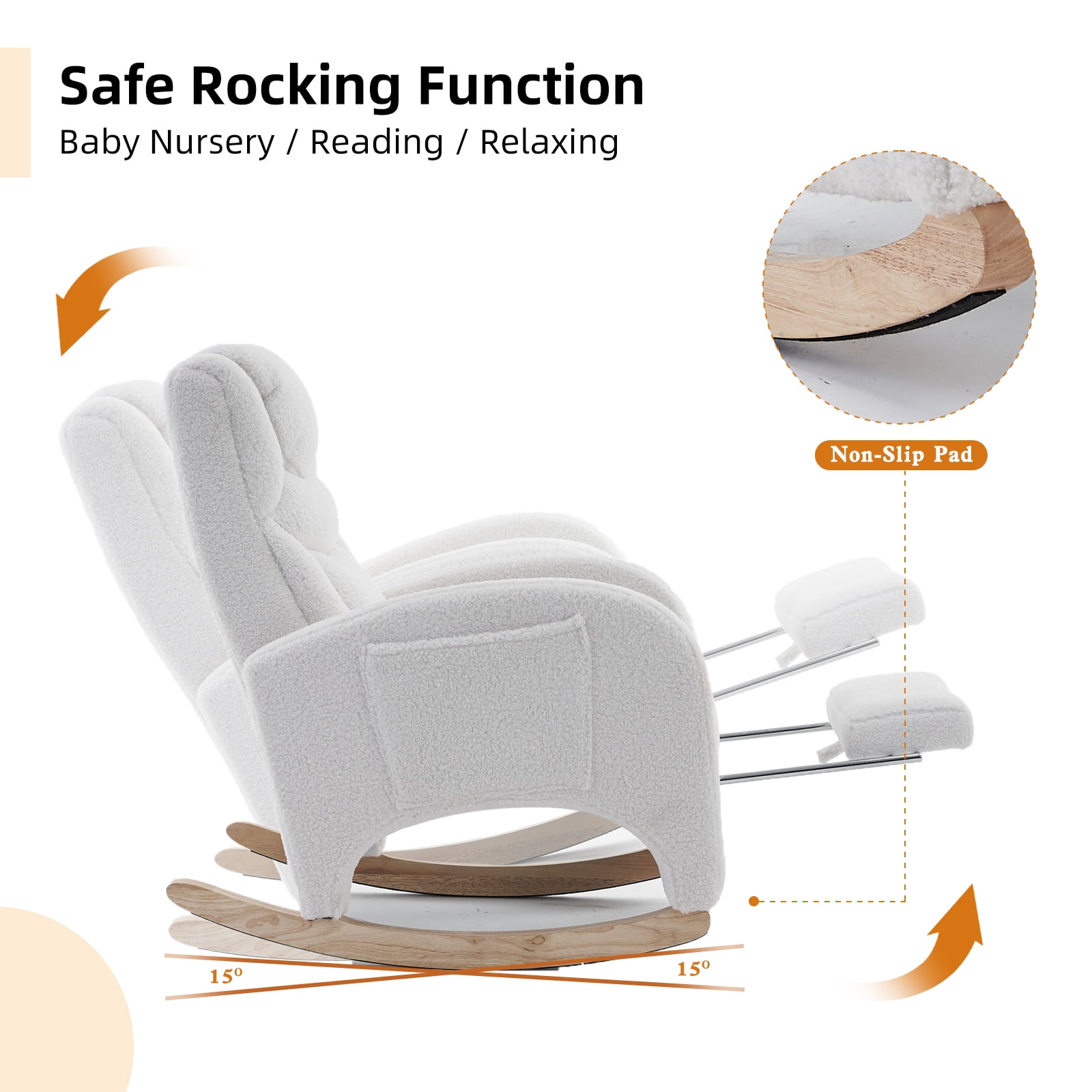 ALAKFORM Rocking Chair Nursery with Foot Rest,Upholstered Teddy Glider Rocker with Wood Legs, Nursing Rocking Chair Indoor for Living Room/Nursery,Ivory