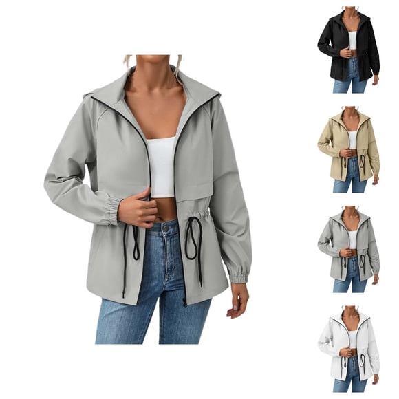 Women's Raincoats Windbreaker Waterproof Long Sleeve Zipper Drawstring Hooded Rain Coat with Pockets Rain Jacket Women