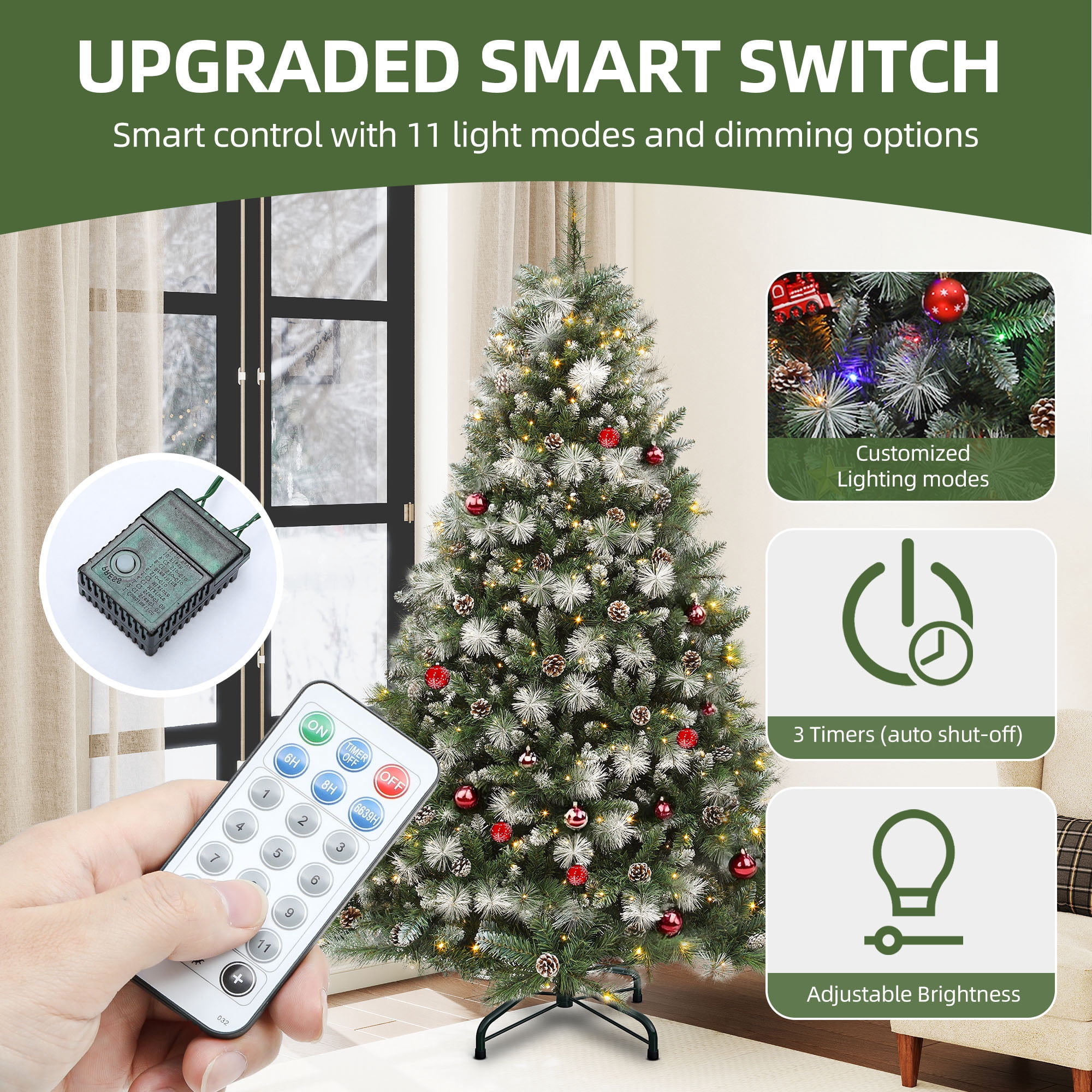 Uforic 7.5ft Pre-lit  Artificial Christmas Tree with 1399 Branch Tips & 750 Lights, Pre-Decorated Scotch Pine Christmas Tree with Remote, 11 Light Modes, 77 Pine Cones, Green