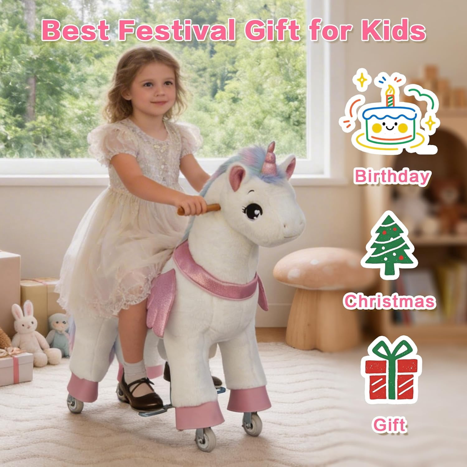 DEYGIA Ride on Unicorn Toys for Kids, Ride on Toy for Girls 4 to 9 Years Old, 36.6'' Height Riding Horse Rider Mechanical Walking Action Toys, No Battery or Electricity, Max Load 165LBS