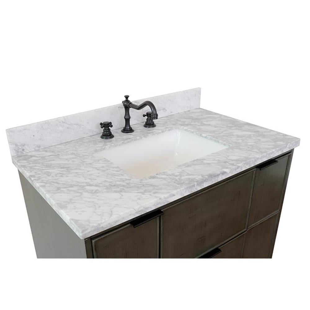 Bellaterra Home 37" Single wall mount vanity in Linen Gray finish top with White Carrara and rectangle sink