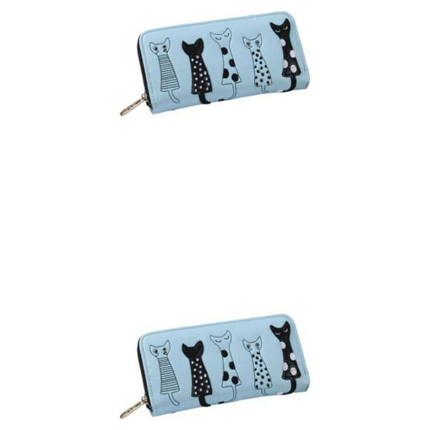 Qarigey Cartera larga de lujo para mujer, tarjetero para teléfono con gato para mujer, hilos bordados, monedero de cuero de gran capacidad Azul 2Conjunto