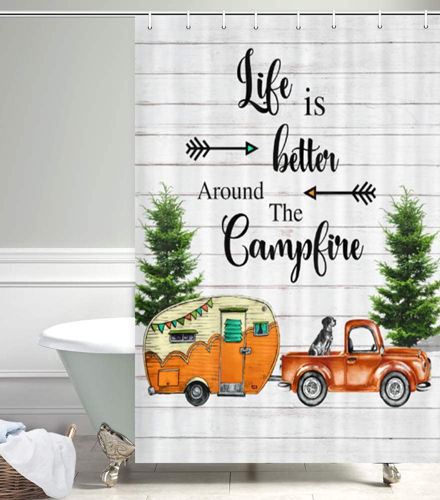 Happy Camper RV Shower Curtain, Rustic Farmhouse Dog Truck Car Fabric
