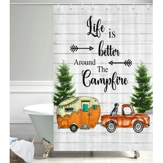 Camper Shower Curtain Retro Rustic Wood Neutral Color For Travel