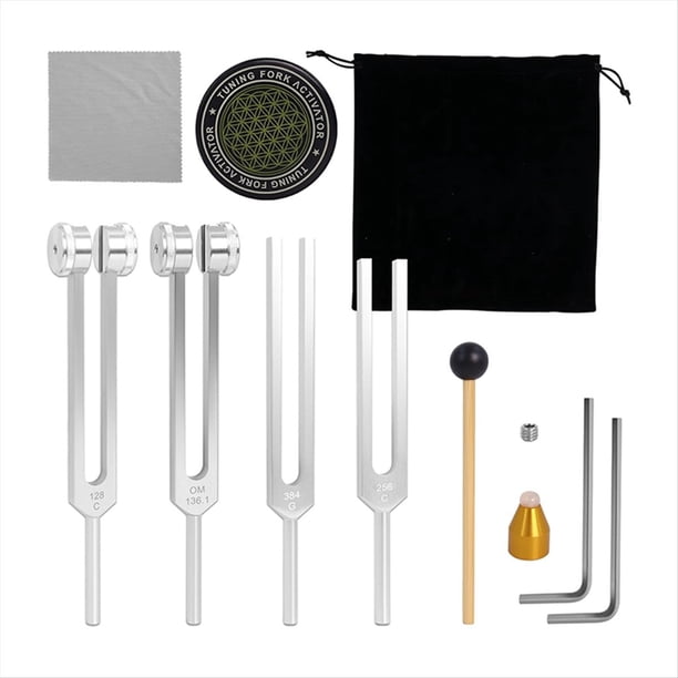 Diapasones para Sanación (128 Hz, 136 Hz, 256 Hz y 384 Hz) con Activador para Sanación, Terapia de Sonido y Mantenimiento del Cuerpo.