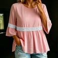 thumbnail image 6 of Lenpel 3/4 Length Sleeve Womens Tops Cotton Linen Crew Neck Fashion Peplum Blouses Casual Loose Eyelet Lace Patchwork Shirts Fall Clothes, 6 of 7