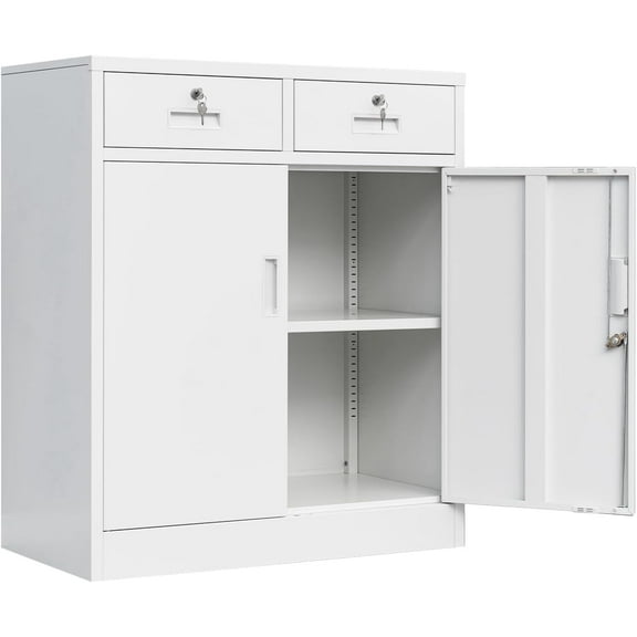 Metal Storage Cabinet, Locking Storage Cabinet with Doors and 2 Drawers, Metal Cabinets for Office/Home/Garage 36.2" H x 31.5" W x 15.7" D (White)