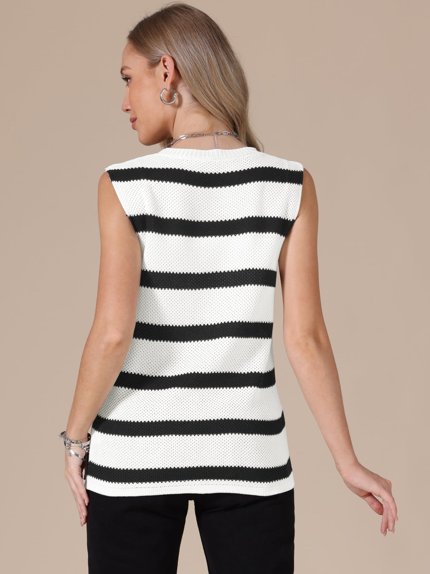 DARING DIVA Women's Crochet Tank Top Stripe Sleeveless Hollow Out Vest M Black White