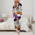 thumbnail image 2 of Cartoon Halloween Skeleton with Pumpkin, Bat Womens Pyjamas Set Button Up Pyjamas Womens with Long Sleeve Top And Wide Leg Pants V-neck Loungewear Sets, 2 of 9