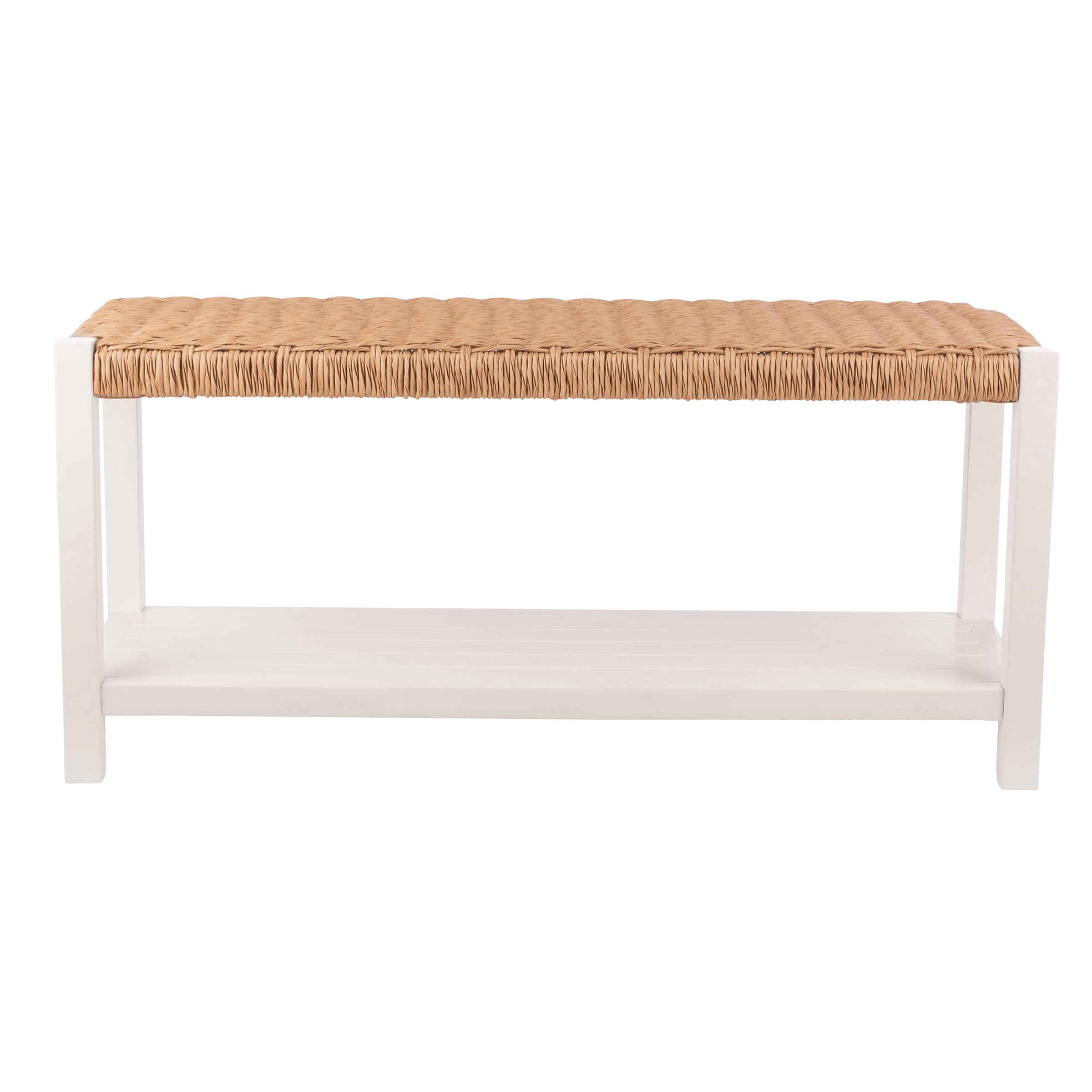 Alaterre Newport 40in Wood Bench with Rush Seat and Storage Shelf, White