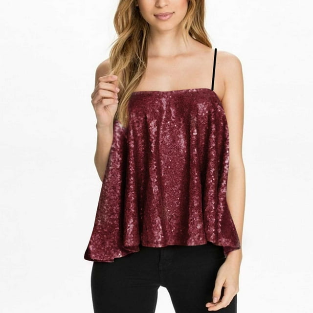 AherBiu Sequin Tank Tops for Women Sparkly Ruffle Flowy Tops Spaghetti Strap Party Shirts Club Wear