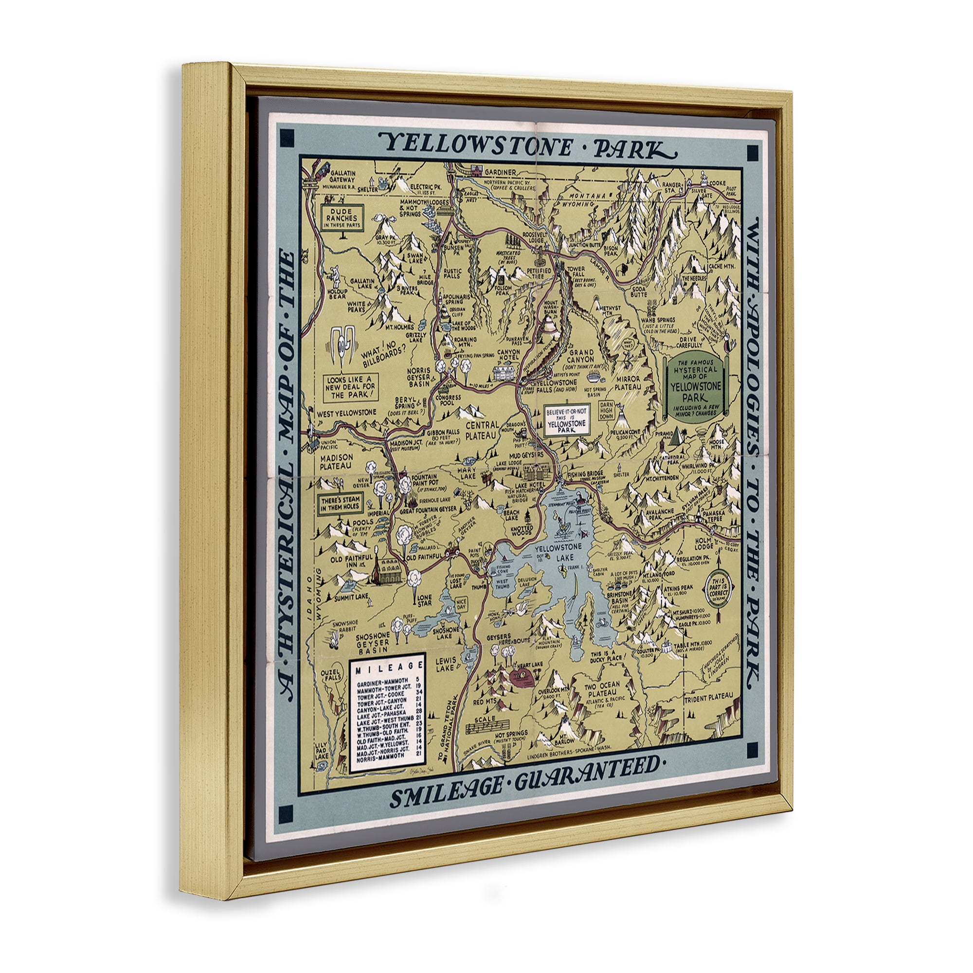 Stupell Industries Vintage Yellowstone Map History & Language Painting Gold Floater Framed Canvas Art Print Wall Art, 18 x 18