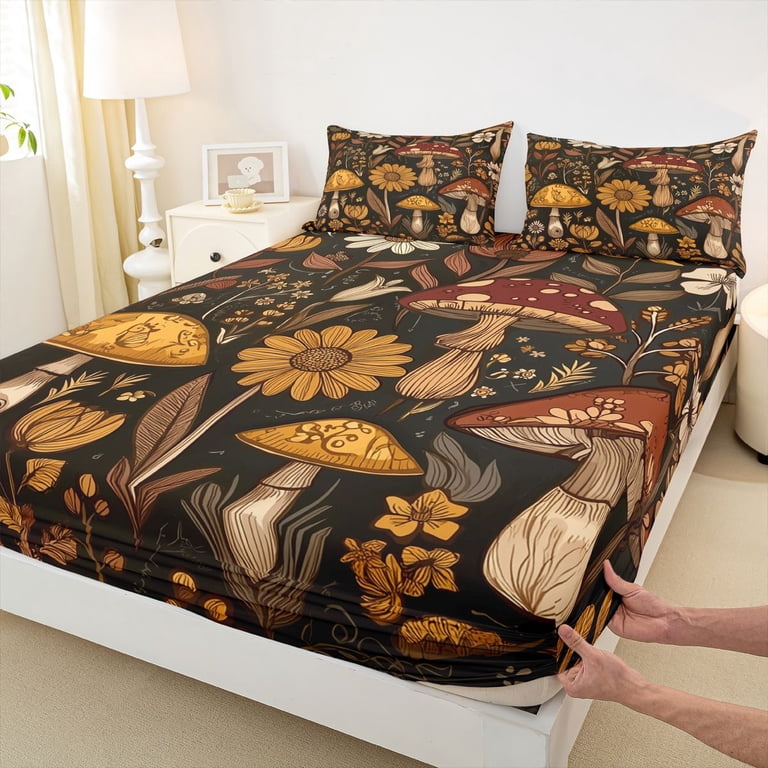 Bohemian Hippie Bedspread Set With Sun, Moon & Peace Signs - 60s 70s Groovy Flower Quilt King Size