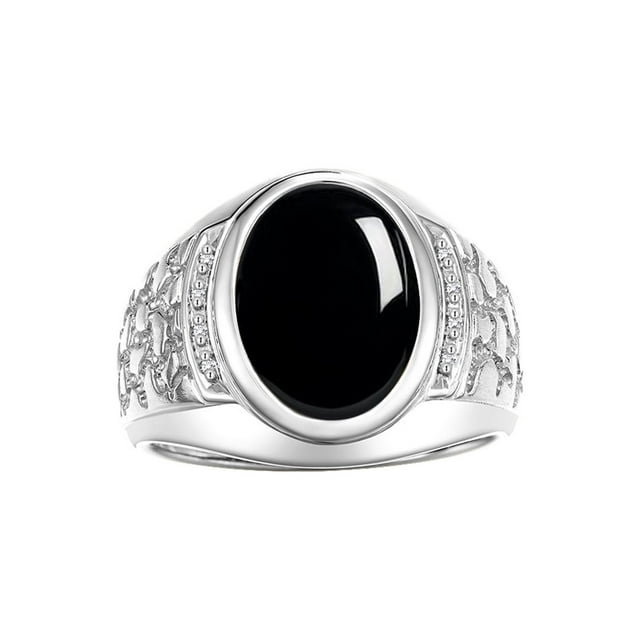 RYLOS Men's Rings 14K White Gold Nugget Ring with Cabochon Gemstone & Diamonds Cabochon Onyx Rings For Men Size 12