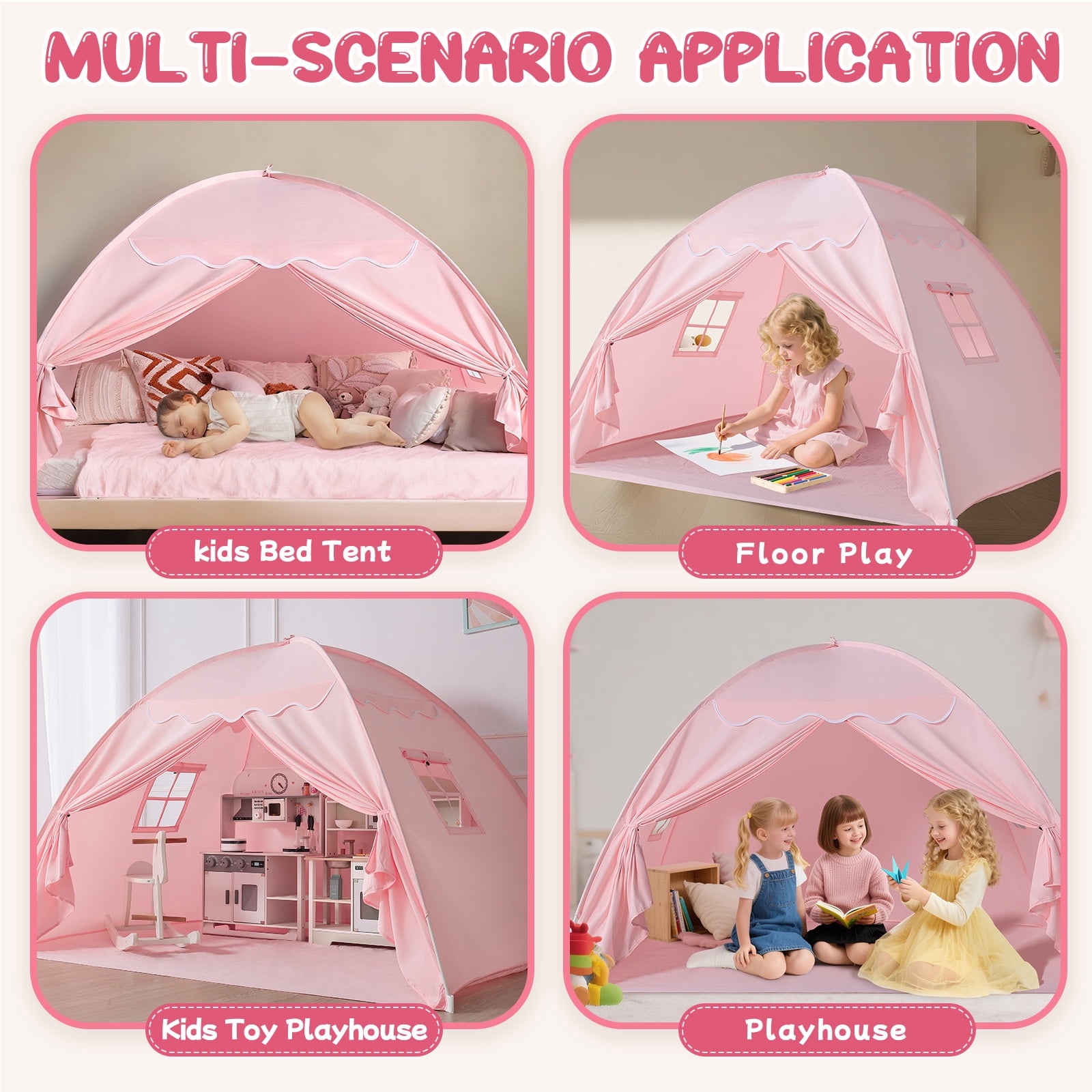 SweHouse Toddler Bed Canopy Lights & Flags Sleeping Playhouse Tent, Portable Indoor Privacy Play Space. Foldable Drafty Room Tent for Boys & Girls, Kids Birthday Gifts Golden Beige Large Size (Pink)