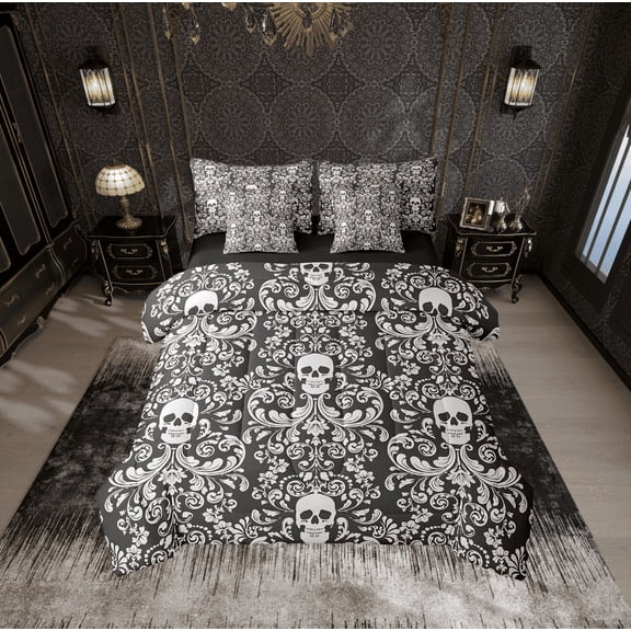 Damask Gothic Bedding Set Adults Antique Victorian Bed in a Bag Queen Comforter Set 7 Piece,Black Grey Sugar Skull Sheet Set Vintage Baroque Floral Goth Bed Set,Exotic Bone Skeleton Bohemian Decor