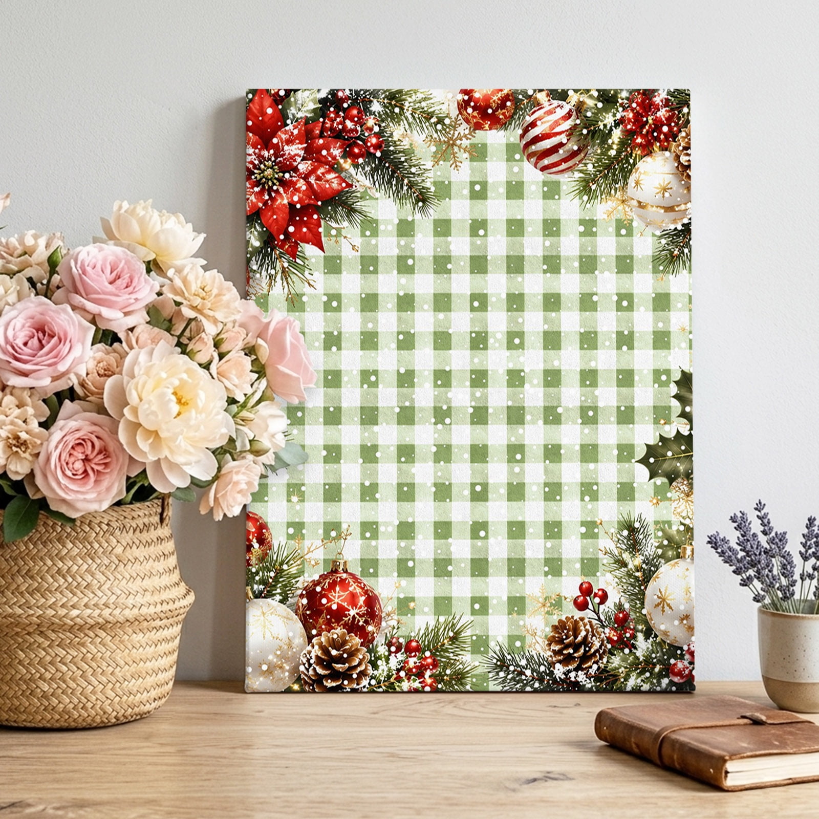 Christmas Wreath Canvas Wall Art Winter Red Flower Berry Pine Cone Green Gingham Pictures Wall Decor Wooden Framed Artwork Art Prints for Living Room Hallway Bedroom Office 8 x12