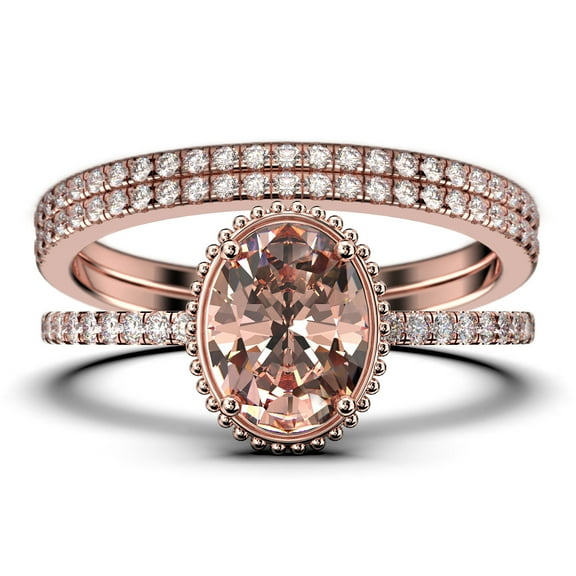 Gorgeous Minimalist 2.50 Carat Oval Cut Morganite And Diamond Moissanite Engagement Ring, Floral Wedding Ring, Two Matching Band in 10k Solid Rose Gold, Gift For Her, Promise Ring, Anniversary Ring