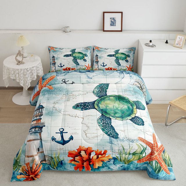 Erosebridal Green Sea Turtle Bedding Queen Comforter Set, Sailing Anchor Down Comforter, Lighthouse Decor, Microfiber
