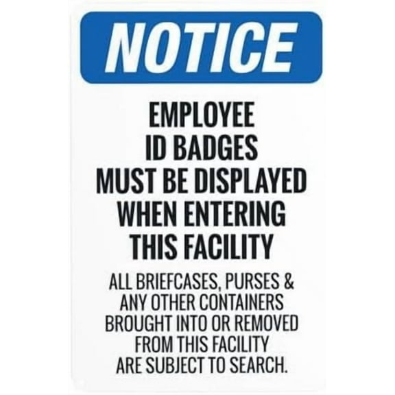 Employee Id Badges Must Be Displayed When Entering This Facility Warning,Visitor Security Metal Signs for Busines Home Garage Street Wall Caution Decor 8 x 12 Inch