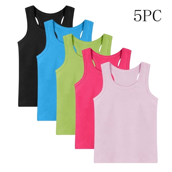 CHEEREAM 5 Pack Kids Active Tank Top Crew Neck Sleeveless Athletic Shirt Girls Daily Wear Blouse Lightweight Breathable