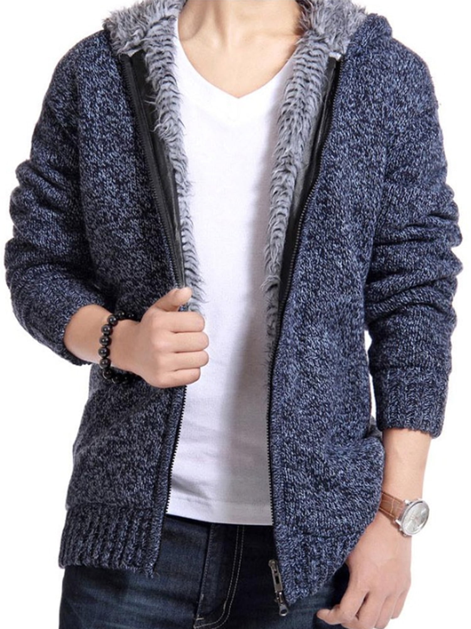 Achinel Mens Knitted Cardigan Thick Sweater Fleece Lining Jumper Hooded Zip Up Warm Winter Knitwear Coat
