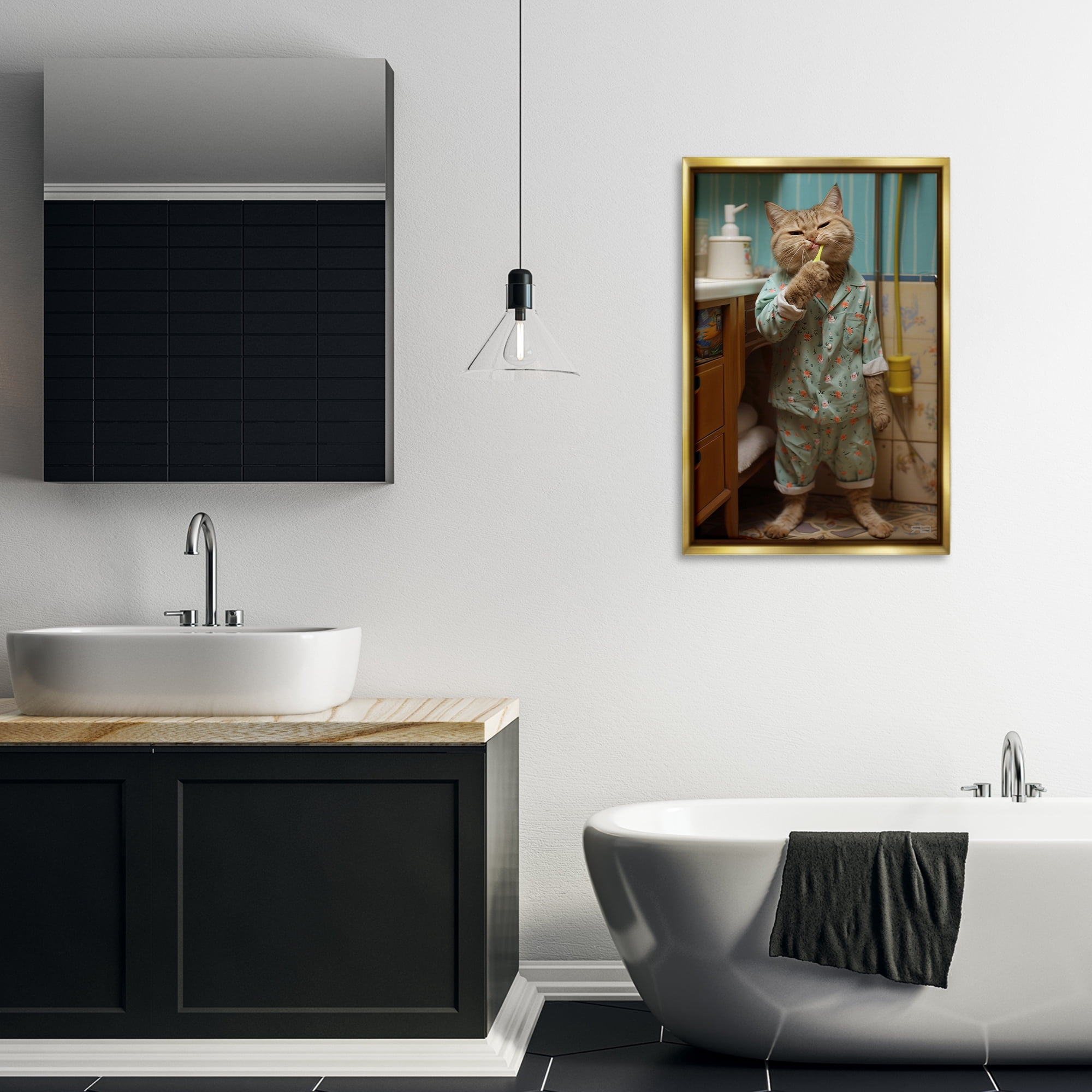 Stupell Industries Cat Brushing Teeth Typography Painting Gold Floater Framed Canvas Art Print Wall Art, 21 x 31